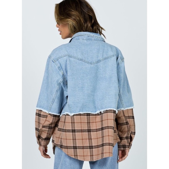 Princess Polly Larkin Denim Jacket Beige Check - Picture 3 of 6